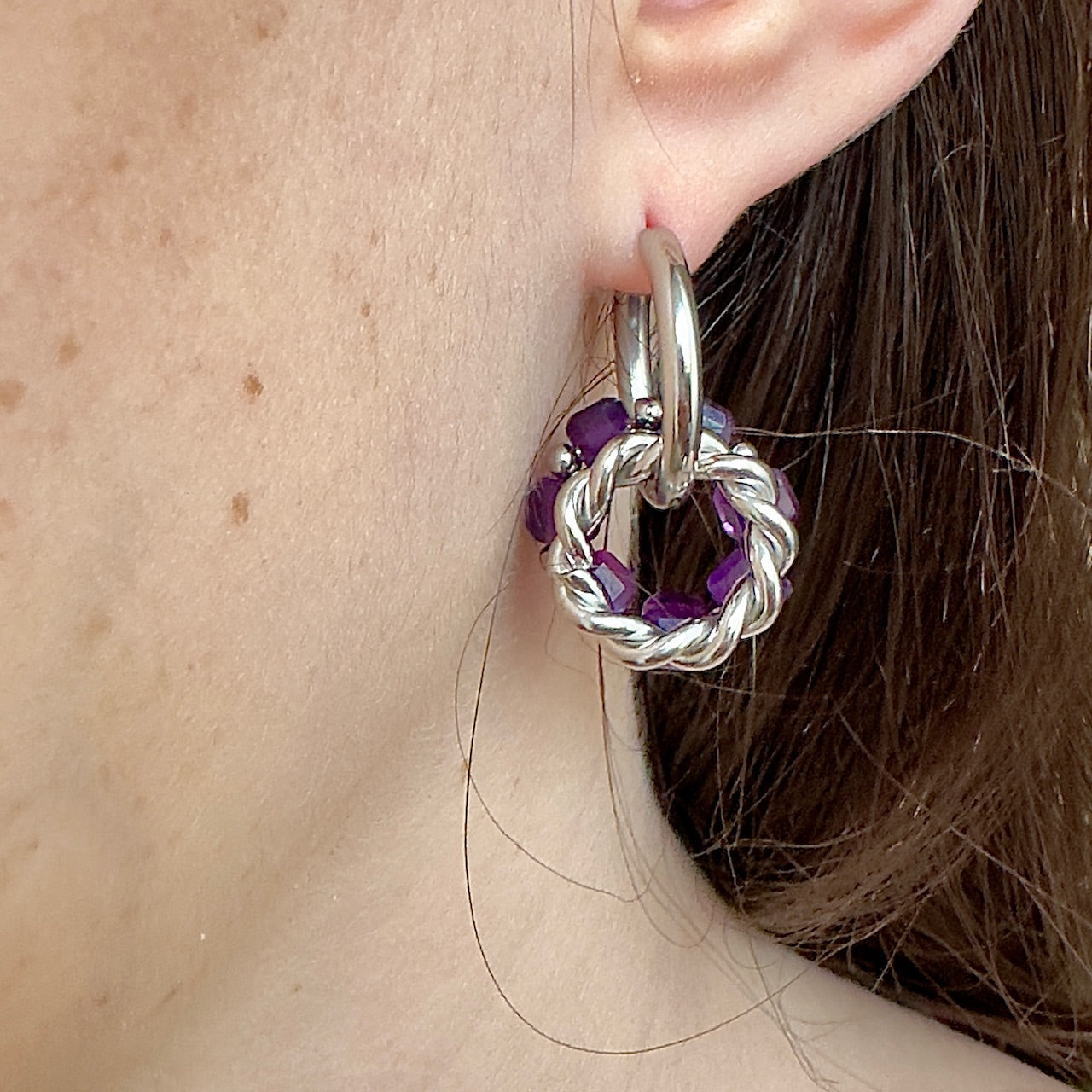 Créoles interchengeable Kate argenté (création unique) amethyste ou agate rouge