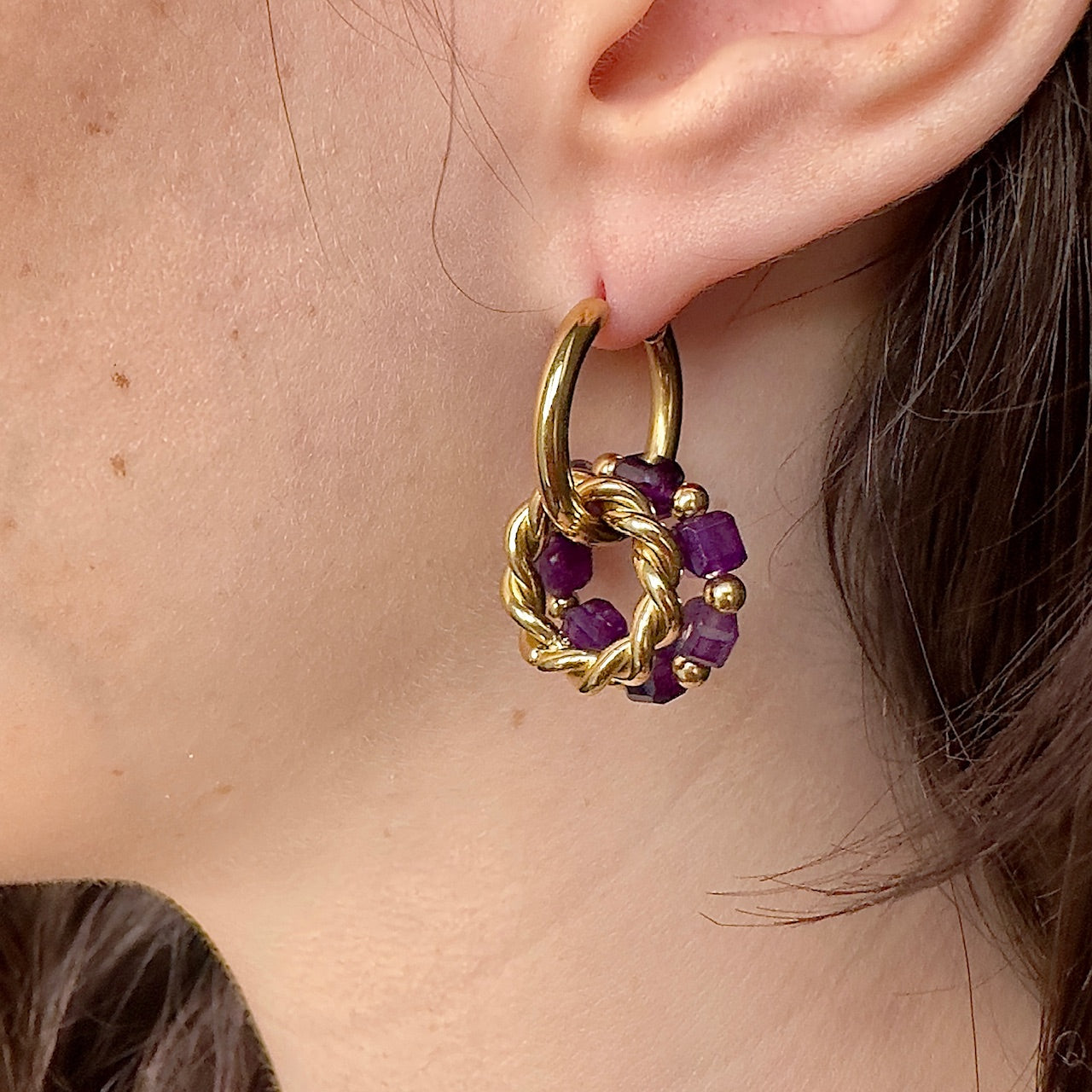 Créoles interchangeables Kate (création unique)amethyste ou agate rouge