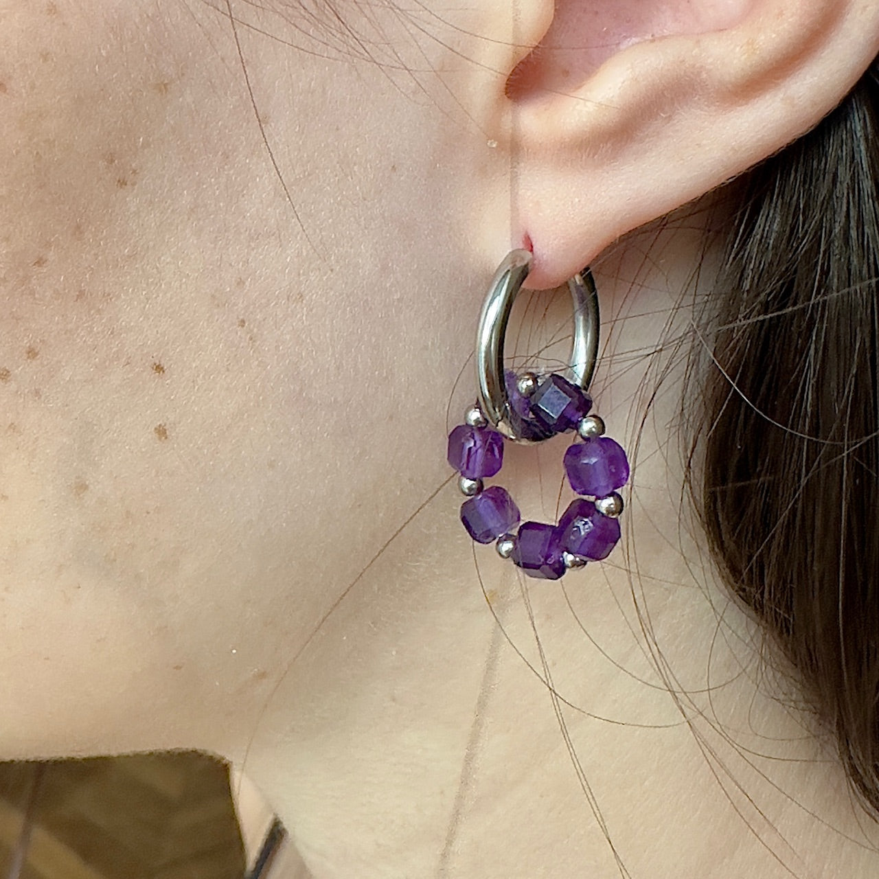 Créoles interchengeable Kate argenté (création unique) amethyste ou agate rouge